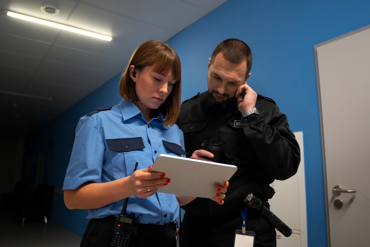 Un vigilante de seguridad de control de accesos hablando con un auxiliares de control de accesos